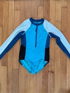 Kids Long-Sleeve Blue Colorblock Rash Guard Swimsuit - Teal/Light Blue